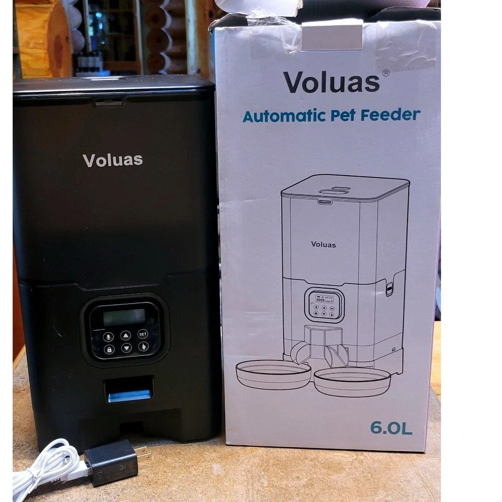 Voluas Automatic Pet Feeder 6.0L Black Dual Bowl Timed Feeding Voice Recorder